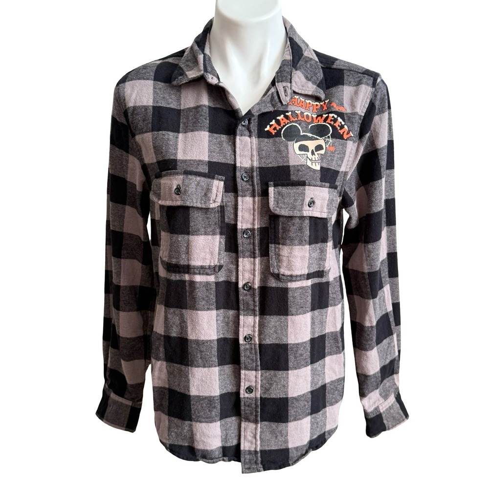 Disney Parks Walt Disney World Halloween Mickey Skull Plaid Flannel Shirt Small
